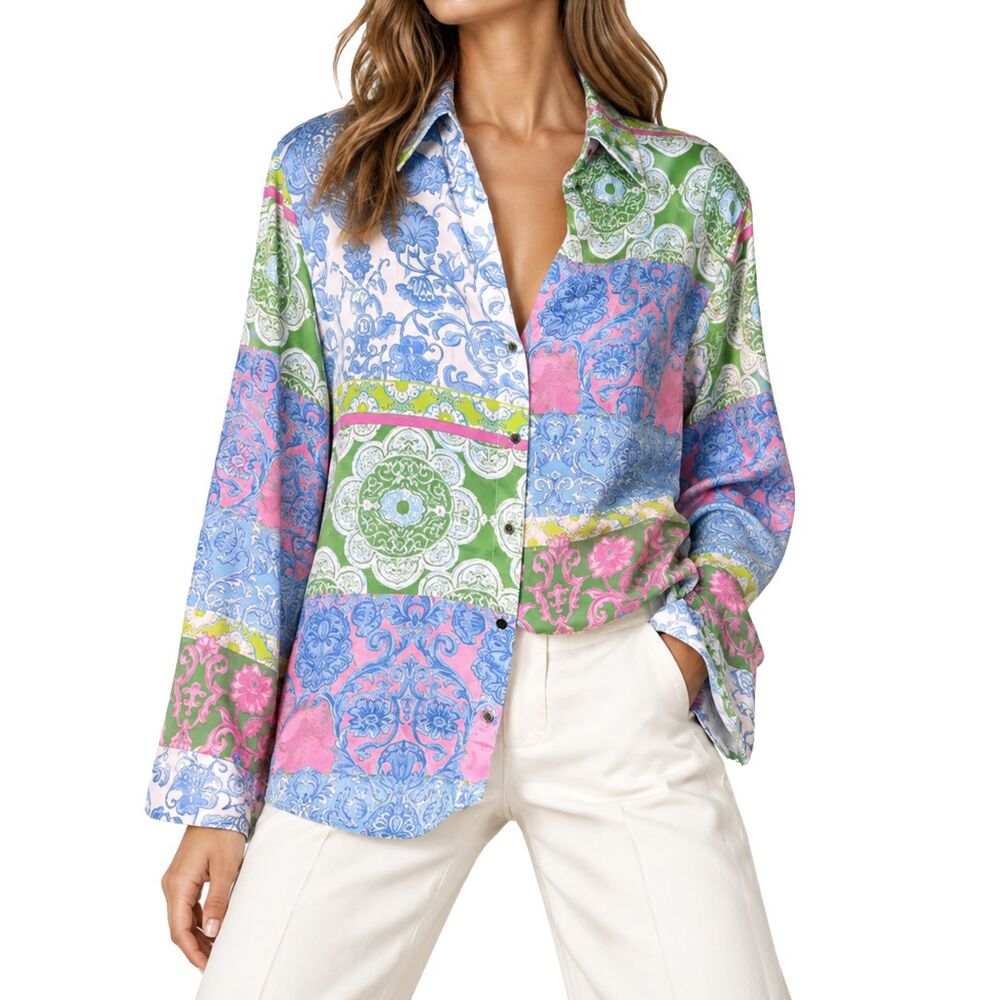 Zara Womens XL Satin Patchwork Paisley Floral Print Blouse Shirt Multicolor NWT
